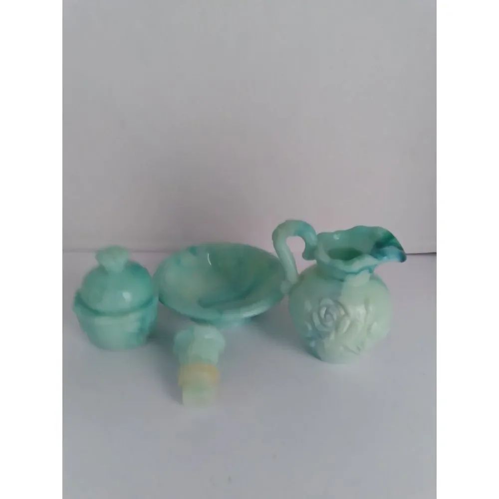 Vintage Avon Mint Green Glass Bathroom Set‎ with Rose Pattern Vanity Accessories